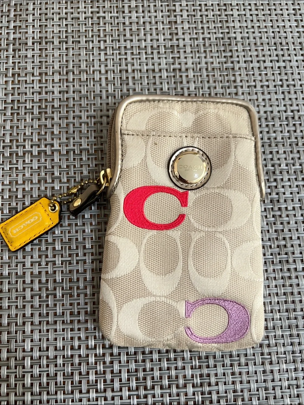 COACH Beige Signature Canvas Case with Red & Purple C Accents